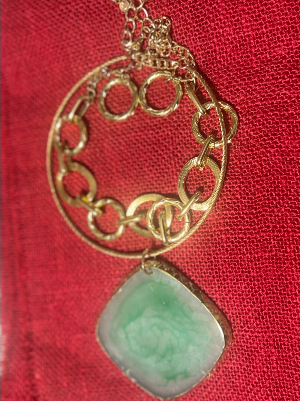 Gold-Tone Circle Chain Necklace with Green Stone Pendant